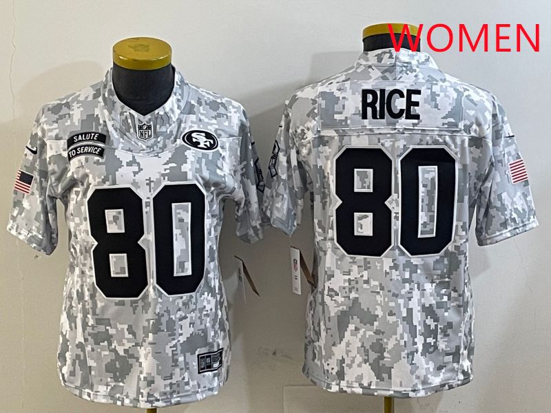 Women San Francisco 49ers #80 Rice Nike Arctic Camo 2025 Salute to Service Limited NFL Jersey style 1